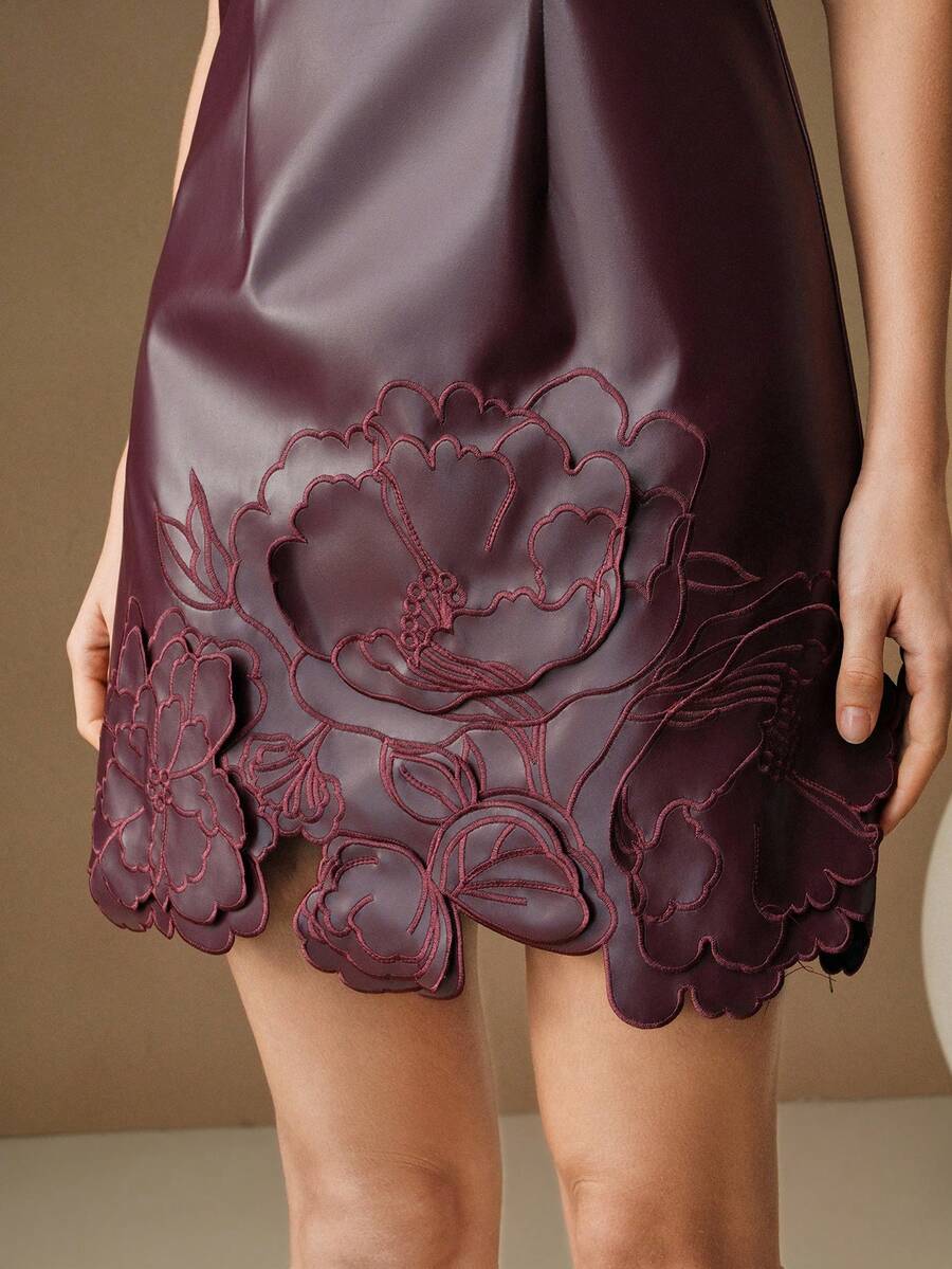 Anewsta 秋冬款勃艮第红刺绣无袖优雅迷你连衣裙，女士，圣诞节，勃艮第红