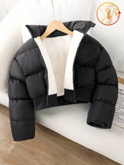 Tween Girl Black Stand Collar White Thermal Lined Short Padded Coat, Suitable For Autumn/Winter
