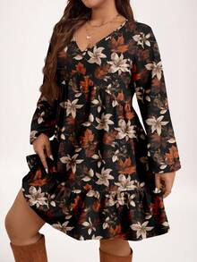 Plus Size Casual Floral Print Dress, Autumn New Year Party - Multicolor - View 1