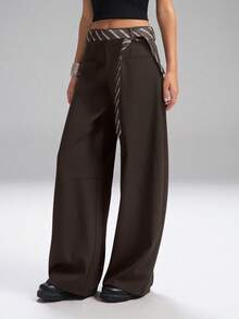 LYSMO 2025 新款女士休闲宽松弯刀西装裤，配条纹腰带，适合通勤和日常穿着，办公室，秋冬时尚简约 - 咖啡棕 - 查看 3