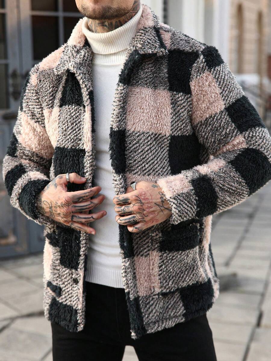 Manfinity Homme Men's Loose Fit Plaid Fleece Long Sleeve Single Breasted Casual Jacket, Autumn Winter,Men Flannel,Winter Men Jacket - Multicolor - View 1