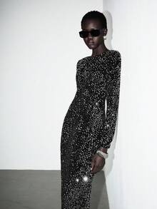 Lumivelle 女式露背蝴蝶结系腰修身长袖连衣裙，适合节日派对、宴会、聚会、约会、秋冬季 - 黑色 - 查看 6