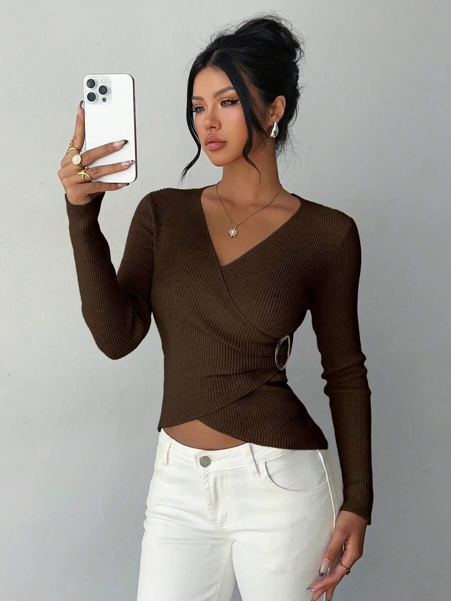 Elenzga Áo len trơn họa tiết gân cổ điển tối giản ôm sát thanh lịch dành cho nữ - Cà phê nâu - Xem 1