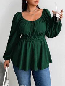 Sunspun Plus Size Drawstring & Elastic Waist Front Button Long Sleeve Shirt Peplum Top