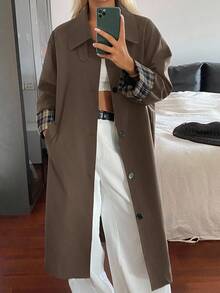 DAZY 女士休闲格子拼接宽松长袖翻领袖口街头风外套，秋冬女式外套 - 咖啡棕 - 查看 3
