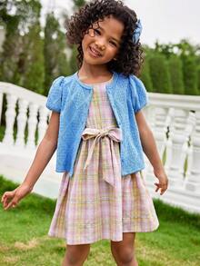 Joliand Joliand 1 Pc Young Girl Elegant Pink Plaid Sleeveless Dress,Summer Fairy Style,Matching Family Vacation Holiday Outing,Urban School Party Wedding Dresses - Multicolor - View 5