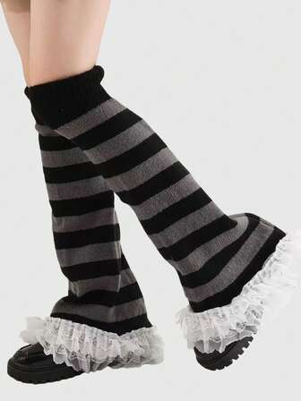 Anime 1 Paar schwarz-graue gestreifte gestrickte Beinwärmer, Y2K Strümpfe, modische minimalistische Subkultur Spitze Beinwärmer, warmes Accessoire geeignet für Lässig, Schule, Urlaub, Halloween, Weihnachten und andere Anlässe