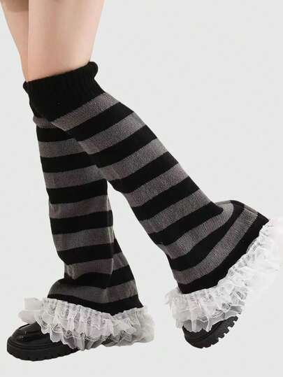Anime 1 Paar schwarz-graue gestreifte gestrickte Beinwärmer, Y2K Strümpfe, modische minimalistische Subkultur Spitze Beinwärmer, warmes Accessoire geeignet für Lässig, Schule, Urlaub, Halloween, Weihnachten und andere Anlässe