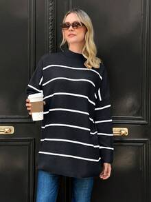 EURMUSE Suéter de cuello alto casual de manga larga con estampado a rayas para mujer - Blanco y Negro - Ver 5