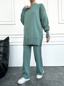 EURMUSE Long Sleeve Knitted Sweater & Knitted Pants Set With Rhinestone Decor - Mint Green - View 3