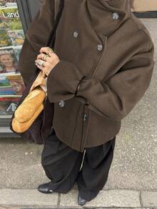 Siren Gaze 女士纯色双排扣高领长袖外套，秋冬季，女士冬装 - 棕色 - 查看 1