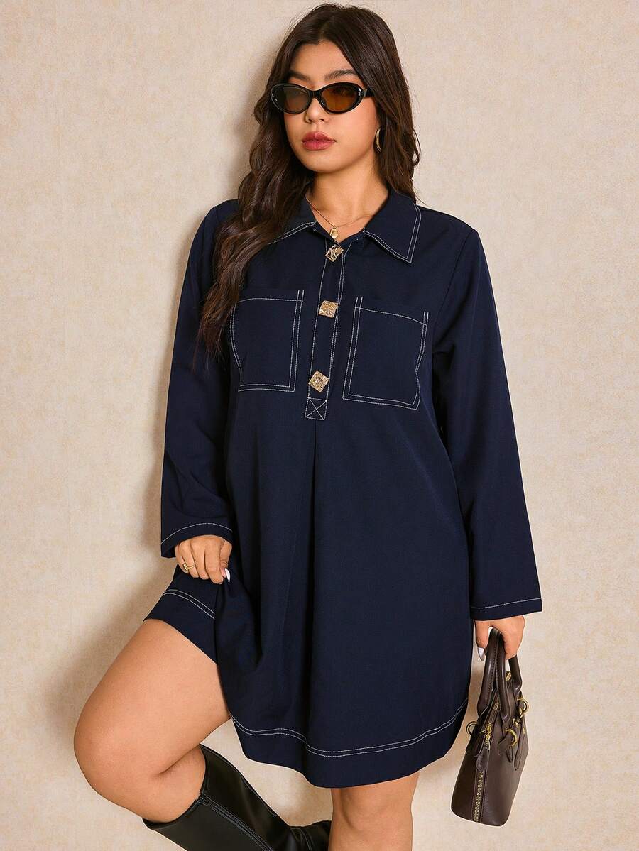 Elaquor Plus Size Casual Button Half-Placket Pocket Long Sleeve Dress, Navy Blue Spring