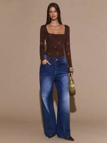 SHEIN BAE Women's Elegant Bodysuit With Rhinestone Decor, Suitable For Nightclub, Party, Cocktail Party, Romantic Date, Autumn/Winter Layering, Brown Bodysuit,Fall,Fall Clothes For Women