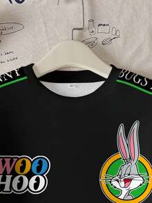 LOONEY TUNES X SHEIN 青少年男孩休闲拼色兔子和字母印花圆领运动衫，秋季 - 白色 - 查看 4