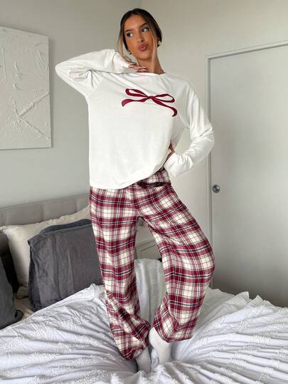 Aloruh Home Round Neck Long Sleeve Bow Print Rood Plaid Drawstring Pants Piece Pajama Set, view 5