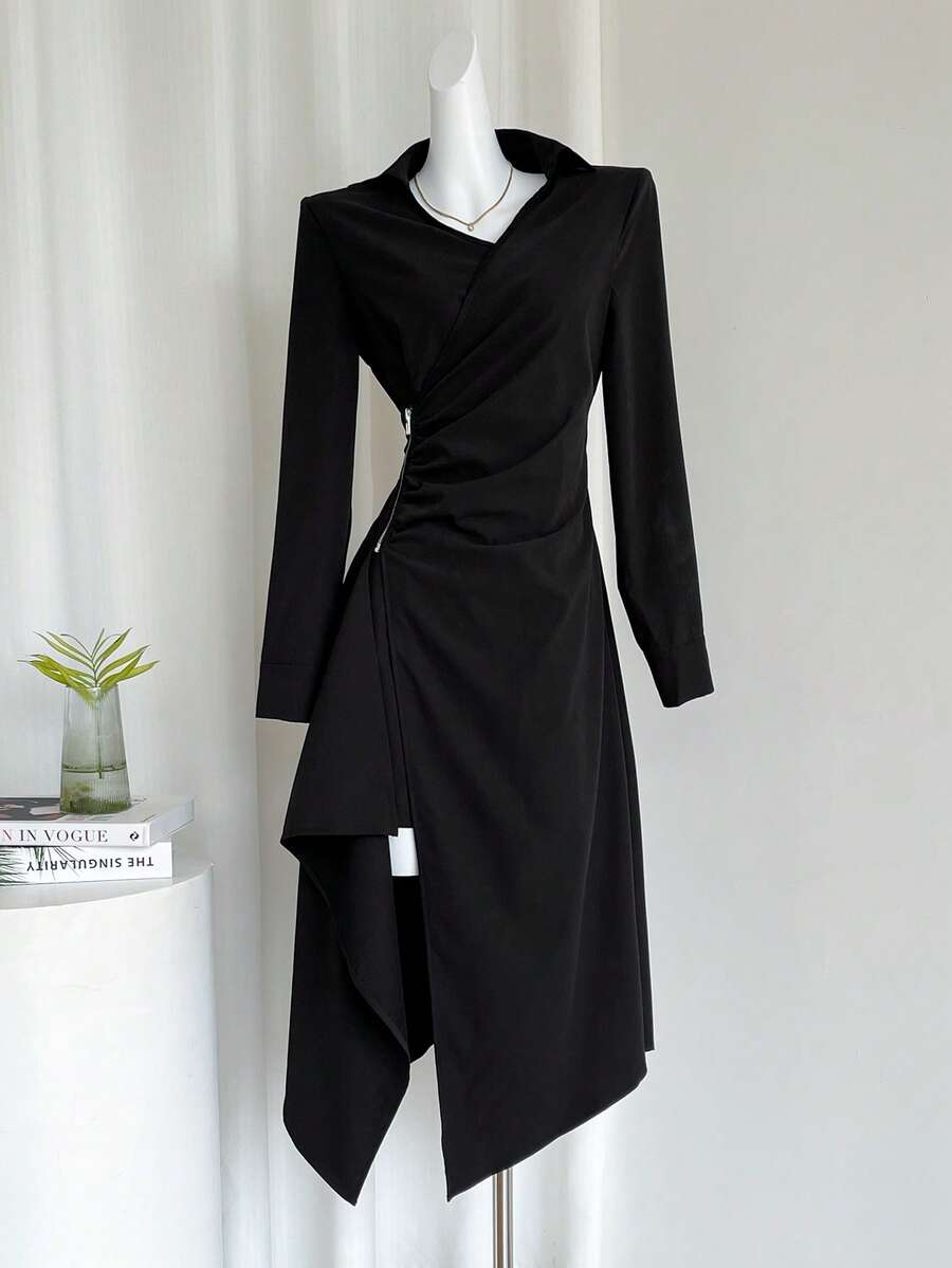 Celisse 女士不对称优雅中长连衣裙，腰部拉链褶饰 - 黑色 - 查看 1