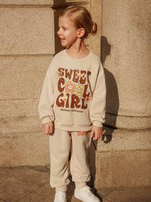 SHEIN Casuvi 儿童女童两件套：花卉字母印花长袖T恤+纯色抽绳休闲运动裤