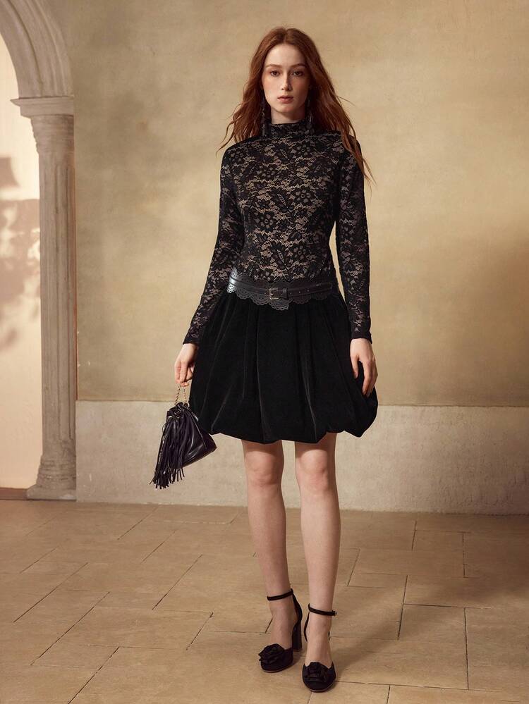 CONTRAST LACE VELVET PUFFBALL HEM DRESS