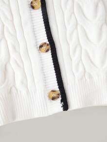 PrepCrw 1 件年轻女孩优雅校园风格休闲都市百搭白色罗纹黑色饰边开衫，适合外出、聚会、返校、秋冬 - 白色 - 查看 5