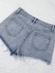 ROMWE Grunge Punk Shorts vaqueros súper cortos con efecto desgastado y adornos de strass para mujer - Azul - Ver 5