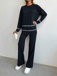 RueChic Drop Shoulder Sweater & Knit Pants - Black - View 3