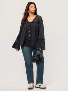 Elaquor Plus Size Women Spring/Autumn Casual Vacation Style Solid Color Patchwork Lace Flare Sleeve Button Decor Loose Blouse - Black - View 6