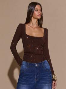 SHEIN BAE Women's Elegant Bodysuit With Rhinestone Decor, Suitable For Nightclub, Party, Cocktail Party, Romantic Date, Autumn/Winter Layering, Brown Bodysuit,Fall,Fall Clothes For Women