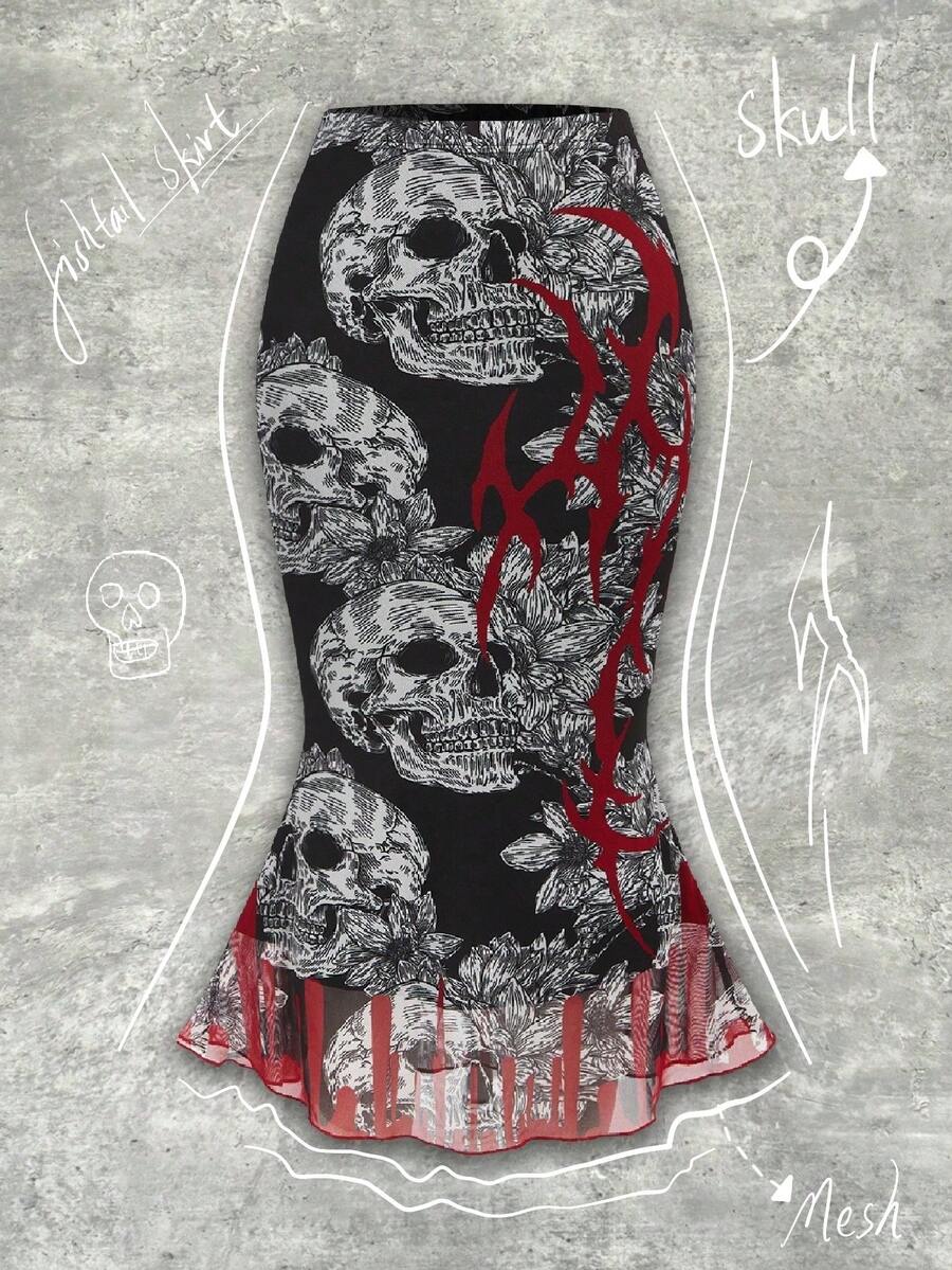 Shutterstock Y2Kool Women's Y2K Black Double-Layer Mesh Skirt With Hand Painted Skeleton, Floral, Thorns And Flowing Water Prints, Suitable For Festivals And Parties Matching Idea Stylish Collection New Year Black Goth Skirt Fishtail Skirt Black Red Skirt With Skulls Gyaru Graphic Skirt - Black - View 1
