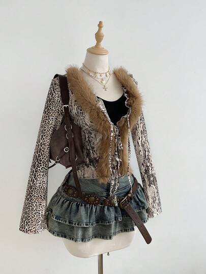 SHEIN Unity 1 pieza Cárdigan de mujer de manga larga para fiesta casual sexy con cuello de volantes con lazo, estampado de leopardo en caqui, escote en V profundo y ajustado