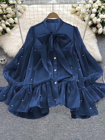 DreamSkyne Plus Size Women's Pearl Beaded Bow Flare Sleeve Blouse