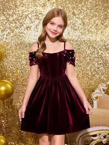 SHEIN Glowmode Tween Girl Elegant Velvet Off Shoulder Bustier Dress,Waist Cinching,Ruched Faux Pearl Embellishments Burgundy Autumn Birthday Dress 11 Years - Red - View 3