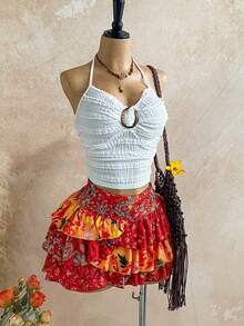 Soleia Falda plisada con estampado retro de flores de anacardo y flores, adecuada para vacaciones, falda burdeos elegante, estampado bohemio tropical brasileño, ropa de mujer estilo boho, atuendo occidental de concierto para mujer