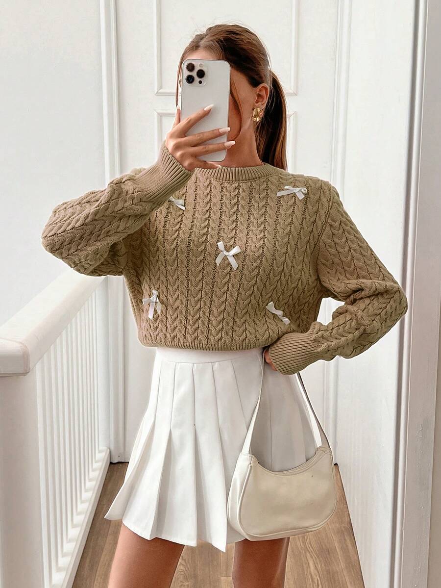 EURMUSE Women Round Neck 3d Ribbon Detailed Cute Textured Sweater Pullover - Beige - View 1