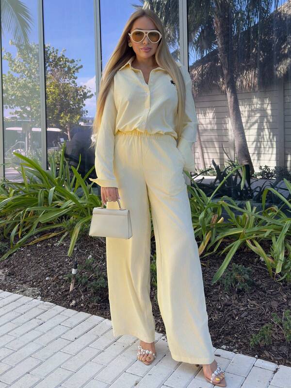 Cioccolato Women's Butter Yellow 2pcs Set Striped Embroidery  Casual Loose Shirt And Wide Leg Pants
