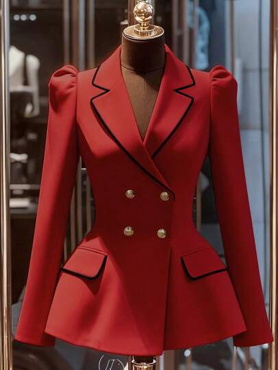 Franclia 通勤时尚百搭收腰双排扣金属纽扣撞色黑色饰边卡其色女式西装外套，优雅春秋季外套，女士商务休闲装，漂亮女士西装外套