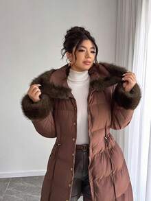 Elenzga Casaco Longo Acolchoado com Colarinho de Pele, Cintura com Cordão, Retalhos, Casual Plus Size, Outono/Inverno