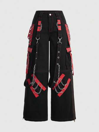 Grunge Punk Jeans di stile PUNK in denim con patchwork e borchie per le donne