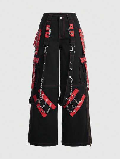 Grunge Punk Women's PUNK Style Patchwork Grommet Denim Jeans