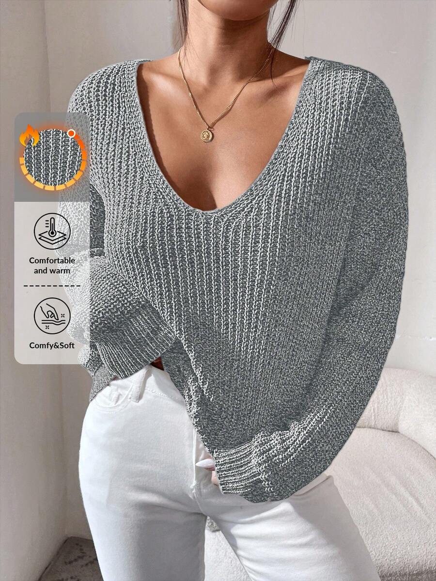 RueChic Solid Color Drop Shoulder Casual Sweater Pullover - Grey - View 1