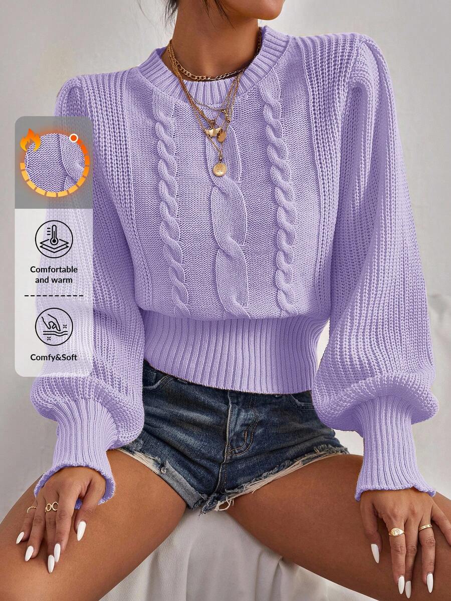 RueChic Twisted Knit Round Neck Lantern Sleeve Pullover Sweater - Mauve Purple - View 1