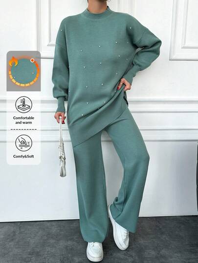 EURMUSE Long Sleeve Knitted Sweater & Knitted Pants Set With Rhinestone Decor