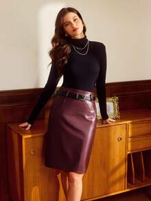 Vintamour 复古优雅女士口袋腰部PU皮革紧身迷你裙，休闲办公假日穿着，适合冬季圣诞节新年感恩节等节日穿着。 - 酒紅色 - 查看 8