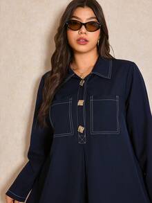 Elaquor Plus Size Casual Button Half-Placket Pocket Long Sleeve Dress, Navy Blue Spring - Navy Blue - View 7