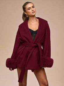 SHEIN BAE Women's Fashionable Faux Fur Patchwork Jacket, Autumn/Winter - Burgundy - View 7