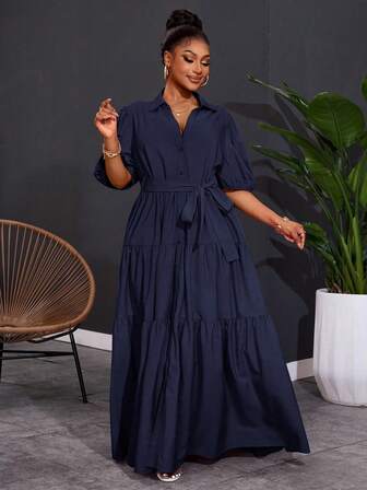 SHEIN CURVE+ 2025 Plus Size Dam Enfärgad Kortärmad Vårklänning med A-linjeformad Rynkad Panel, Curve Plus, Hoho Vacation