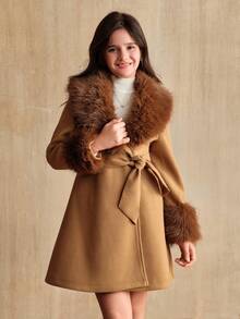 SHEIN 驼色毛领腰带夹克，适合青少年女孩冬季穿着