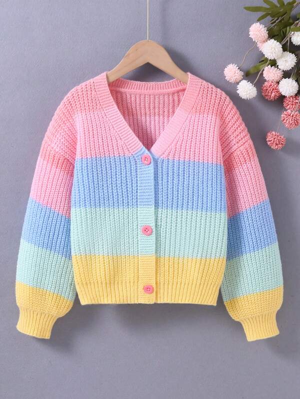 Tween Girl Colorblock Drop Shoulder Cardigan  Cropped Cardigan Girls Kids Sweaters For Girls Girls Ribbed Cardigan Tween Cardigan Scalloped Cardigan