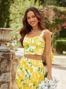 KARISMINA 2件套女士套装 - 无袖印花短款吊带背心和高腰宽松裙 - 黃色 - 查看 3