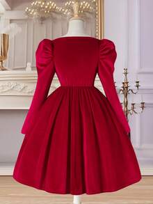 Sparklyn Mädchen Vintage Palast Stil Burgund Samt Perlen Dekor Quadratischer Kragen Puffärmel Taillengegürtetes Kleid, geeignet für Abendgala, Weihnachtsparty und andere Anlässe