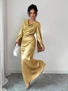 Elenzga Elegant långklänning med draperad krage, öppna ärmar och åtsittande midja, rygglöst knytband för kvinnor, vår/höst - Guld - Visa 5